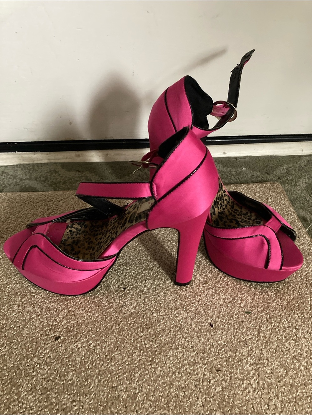 Qupid Hot Pink Satin Platform Peep-Toe Ankle Strap Heels